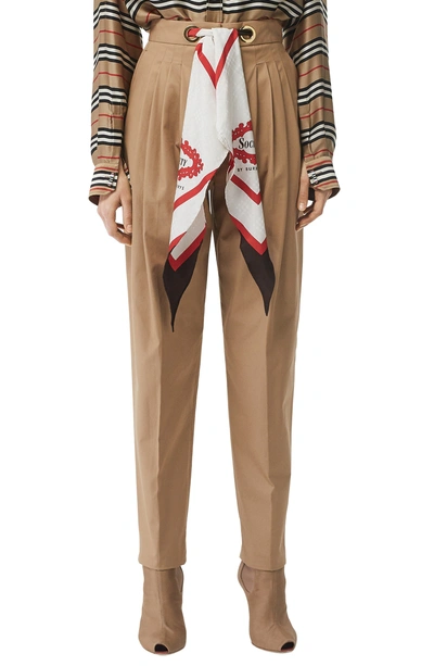 Burberry Silk-trimmed Pleated Cotton-twill Tapered Pants In Light Brown