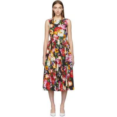 Dolce & Gabbana Pleated Floral-print Cotton Dress In Multicolor