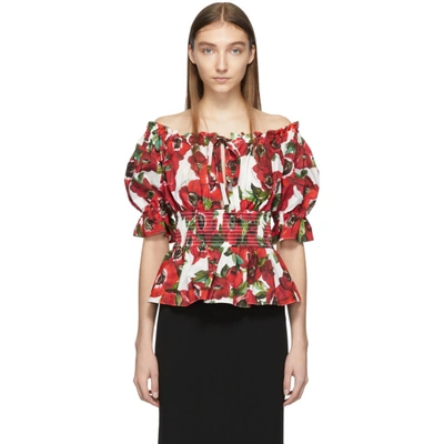 Dolce & Gabbana Off-the-shoulder Ruffled Floral-print Cotton-poplin Blouse