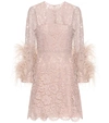 VALENTINO FEATHER-TRIMMED LACE MINIDRESS,P00371114