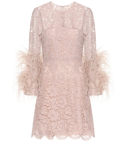 Valentino Feather-cuff Heavy Lace Mini Dress In Pink