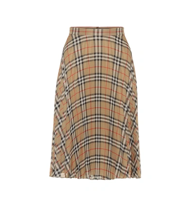 Burberry Pleated Check Techno Midi Skirt In Neutral