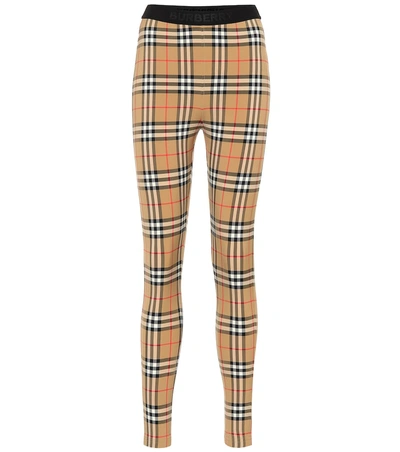 Burberry Beige Leggings With Vintage Check Motif And Branded Band In Jersey Woman