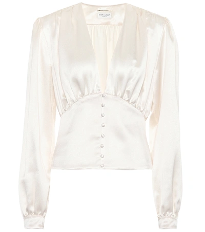 Saint Laurent Silk-satin V-neck Button-front Blouse In White