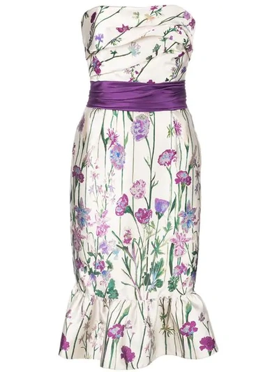 Marchesa Notte Floral-print Strapless Mikado Dress With Bow Detail & Ruffle Hem In White