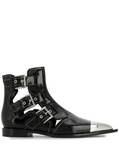 Alexander Mcqueen Metallic Toecap Buckle Cutout Leather Ankle Boots In Black/ivory