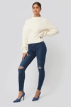 NA-KD SKINNY HIGH WAIST DESTROYED JEANS BLUE