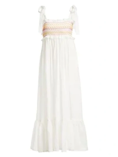 Zimmermann Goldie Crochet-trimmed Smocked Linen Maxi Dress In Ivory