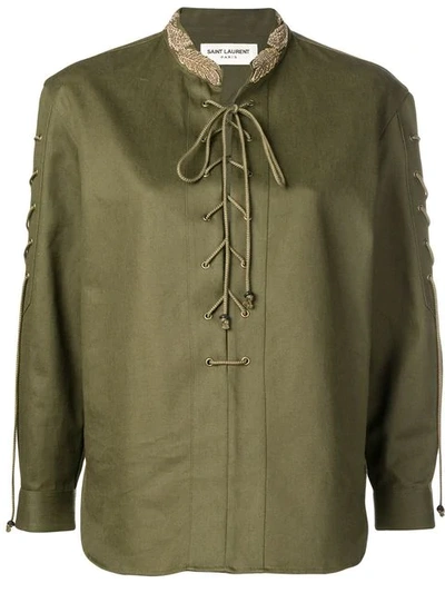 Saint Laurent Embroidered Lace-up Shirt In Green