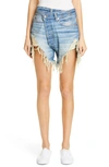 R13 Distressed Crossover Denim Shorts In Emory