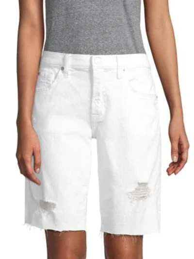 7 For All Mankind High-waist Raw-edge Distressed Denim Bermuda Shorts In White