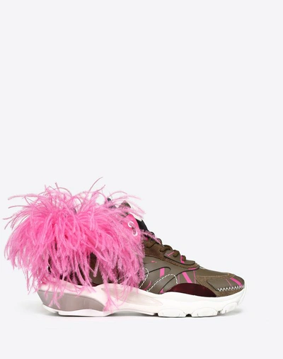 Valentino Garavani Bounce Leather Sneakers W/ Feather In Green,pink