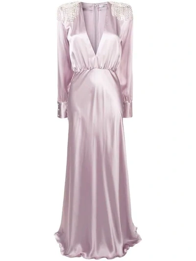 Alessandra Rich Embellished Long Sleeved V-neck Silk Maxi Dress In Purple