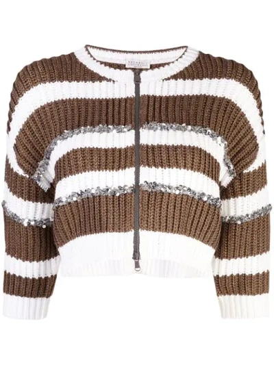 Brunello Cucinelli Cropped Embellished Metallic Striped Ribbed-knit Cardigan In White