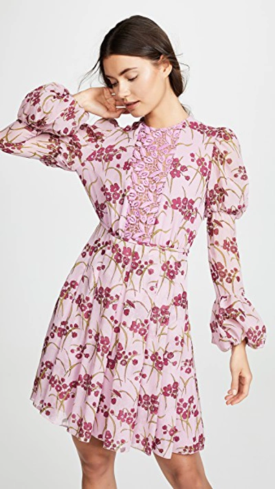 Giambattista Valli Puff Sleeve Floral Dress In Rose Quartz/primrose Vert