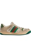 Gucci Screener Embellished Canvas-trimmed Distressed Leather Sneakers In Light Beige