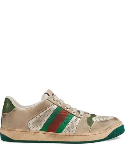 Gucci Screener Embellished Canvas-trimmed Distressed Leather Sneakers In Light Beige