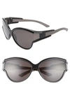 BALENCIAGA 63MM OVERSIZE CAT EYE SUNGLASSES - SHINY SOLID BLACK/ GREY,BB0038S001