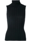 ALLUDE ALLUDE ROLL NECK STRIPED SLEEVELESS TOP - BLACK