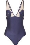 ADRIANA DEGREAS MARINE STRETCH-SATIN AND TULLE SWIMSUIT