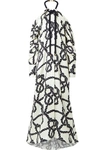 MONSE ROPE-TRIMMED PRINTED SILK-TWILL HALTERNECK GOWN