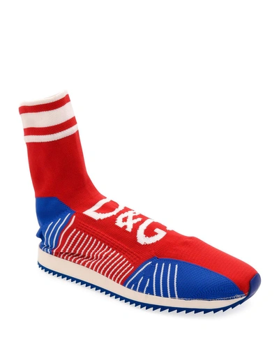 Dolce & Gabbana Sorrento Soccer Sneakers With Branded Stretch Jacquard Sock Detail In Red
