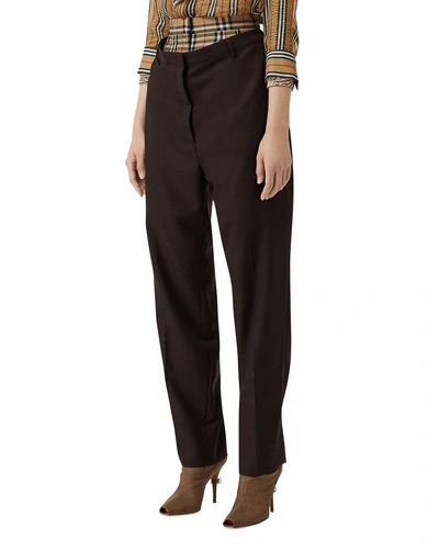 Burberry Layered Wool And Checked Cotton Straight-leg Pants In Coffee