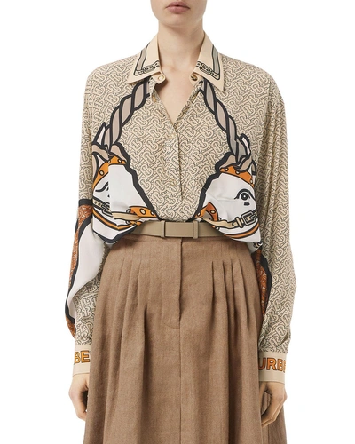 Burberry Unicorn And Monogram Print Silk Oversized Shirt In Light Camel