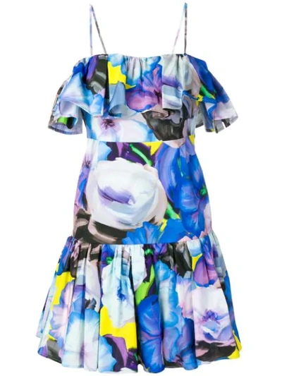 Msgm Abstract Floral-print Sleeveless Ruffle Dress In Blue Flower Print