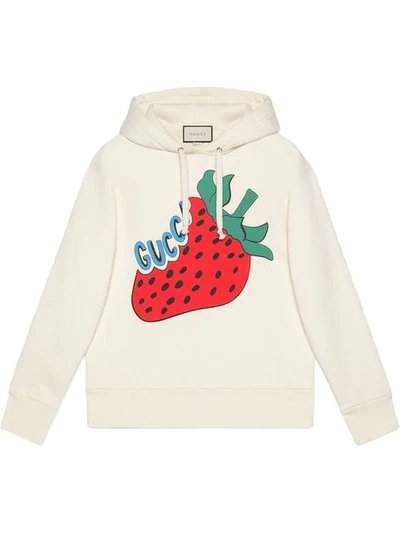 Gucci Strawberry Print Cotton Hoodie In 9230 White