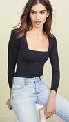 Free People 3/4 Sleeve Square Eyes Thong Bodysuit In Black