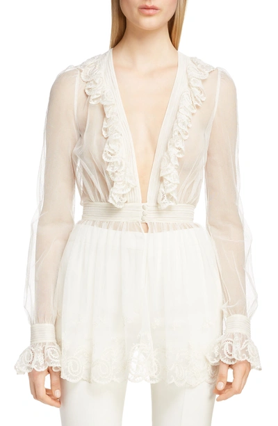 Alexander Mcqueen Long-sleeve Embroidered Tulle Peplum Blouse In Ivory