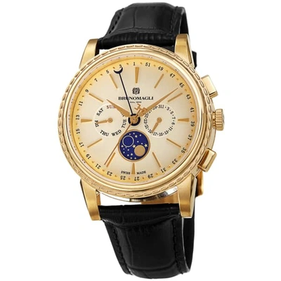 Bruno Magli Mens Limited Edition Swiss Made Multi-function Moonphase Watch With Italian Leather Strap Black & Go