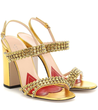 Gucci Metallic Leather Sandal With Crystals In Gold