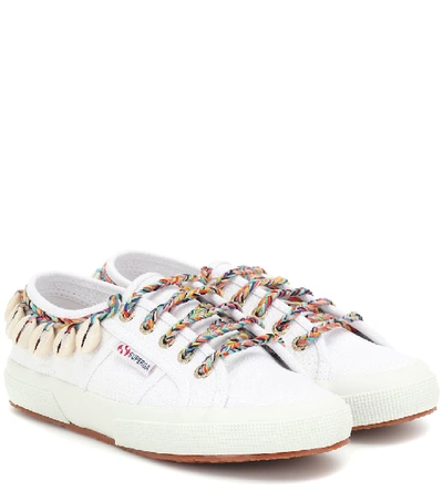 Alanui Canvas Ankle-tie Sneakers With Seashells In White Multi