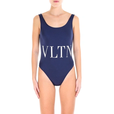 Valentino Logo Printed Lycra One Piece Swimsuit In Dark Blue