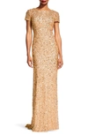 Ag Short Sleeve Sequin Mesh Gown In Champne/ Gold