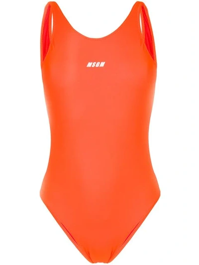 Msgm Logo Open Back Swimsuit In Orange
