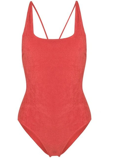 Ganni Terrycloth Swimwear String Swimsuit In Red