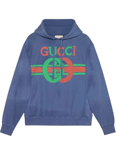 Gucci Men's Striped Gg Logo Washed Hoodie Sweatshirt In Blue