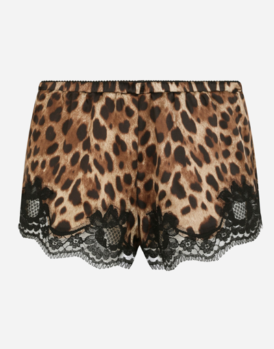 DOLCE & GABBANA LEOPARD-PRINT SATIN LINGERIE SHORTS WITH LACE DETAILING