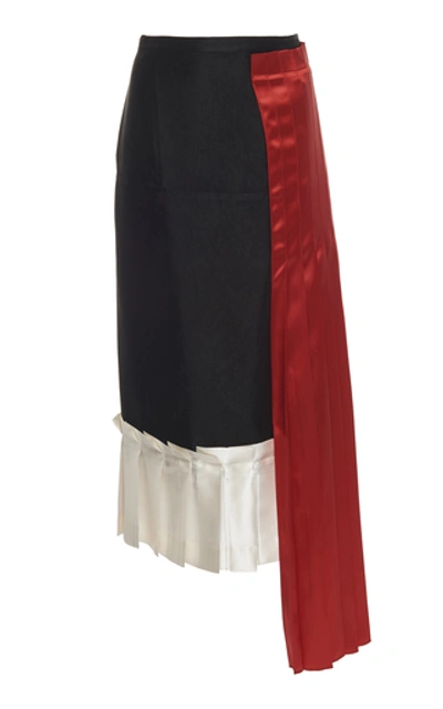 Marni Pleated Satin-paneled Crepe Midi Skirt In Black