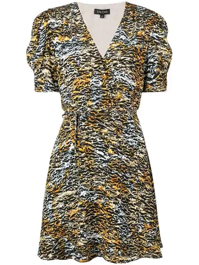 Saloni Lea Silk Animal-print Wrap Dress In Brown