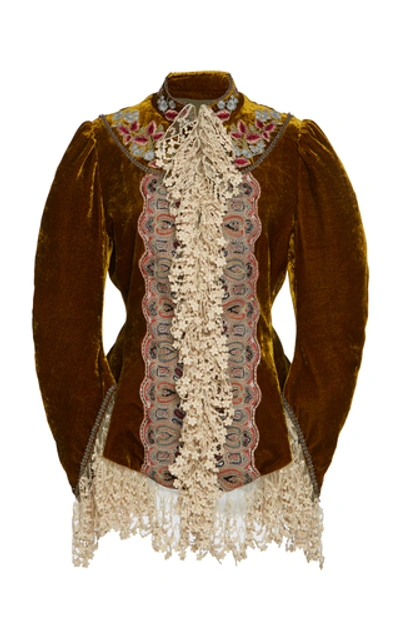 Etro Lace-trim Velvet Victorian-embroidered Jacket In Gold