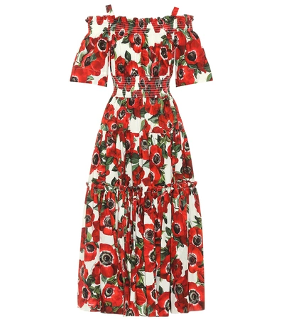 Dolce & Gabbana Cold-shoulder Floral-print Cotton-poplin Midi Dress In Haaa5 Panna
