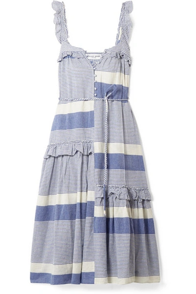 Apiece Apart Lypie Ruffle-trimmed Striped Cotton-gauze Maxi Dress In Blue