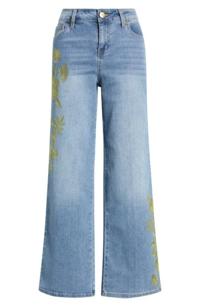 1822 Denim Floral Embroidered Wide Leg Jeans In Blue