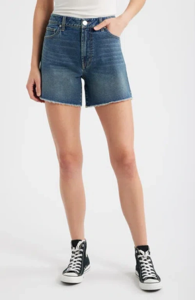 1822 Denim Frayed High Waist Mid Thigh Relaxed Denim Shorts In Blue