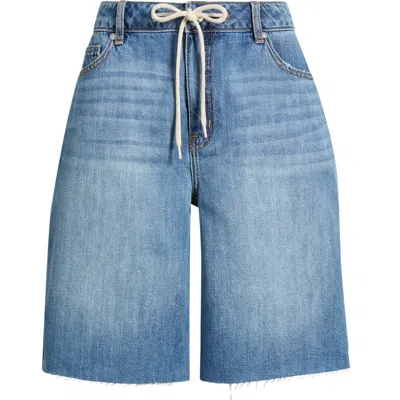 1822 Denim Raw Hem Drawstring Long Denim Shorts In Blue
