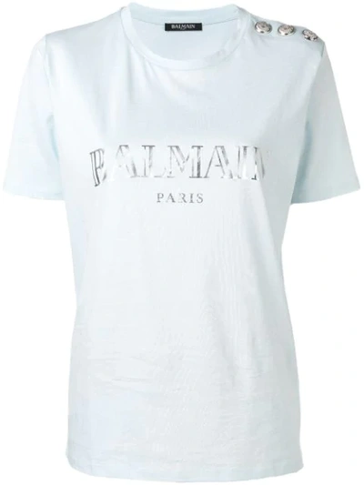 Balmain Logo Print Cotton Jersey T-shirt In Blue